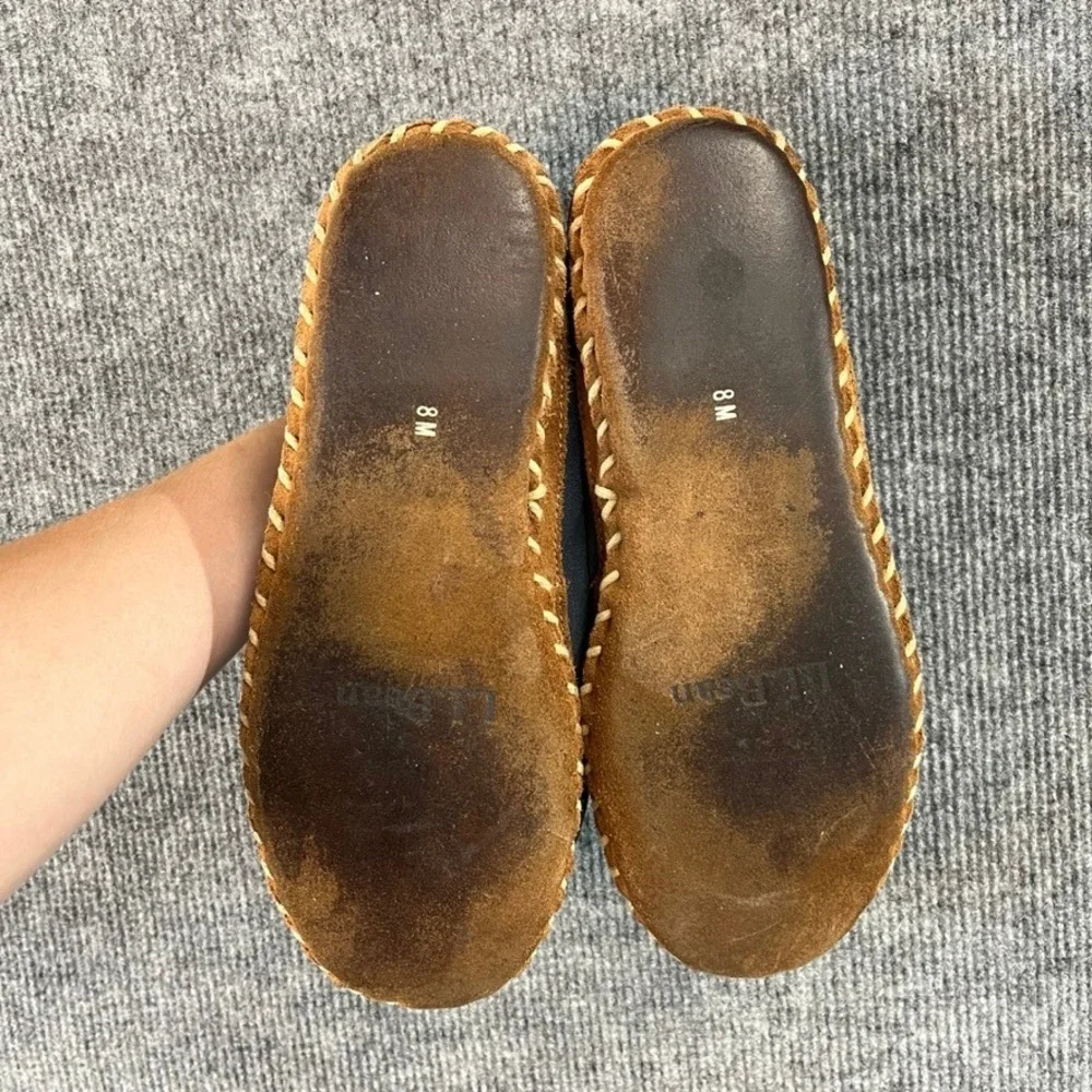 LL Bean Mens 8M Navy Suede Soft Sole Moccasin Slippers Whipstitch Blue Tan